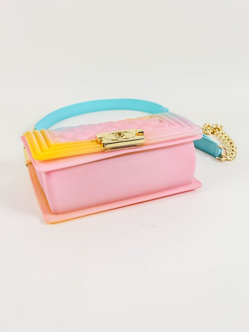 Pastel Rainbow Jelly Crossbody Bag Gold Chain Strap Quilted Candy Color Purse - Picture 5 of 8